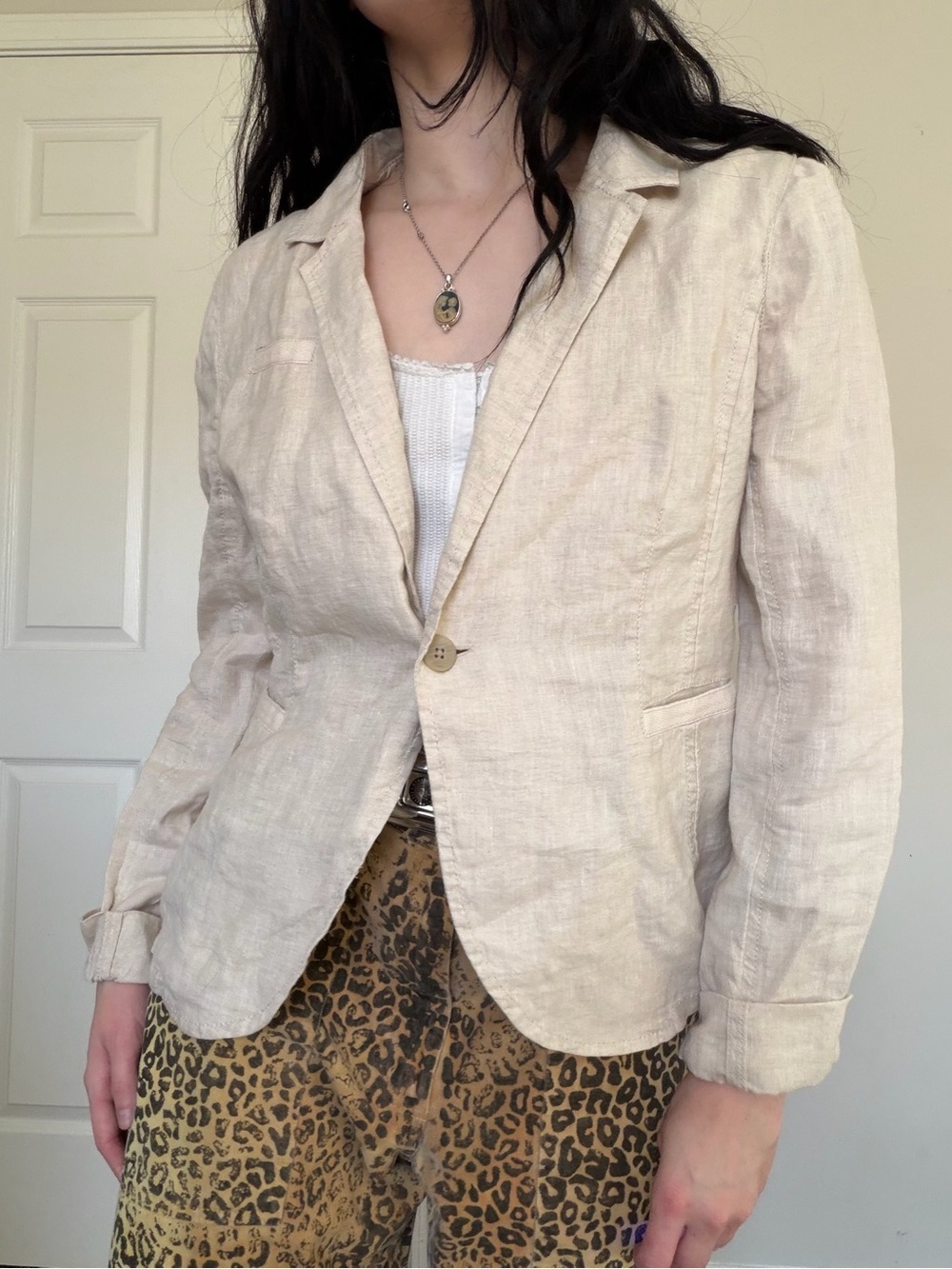Caslon Light Cream Linen Single-Button Blazer Medium